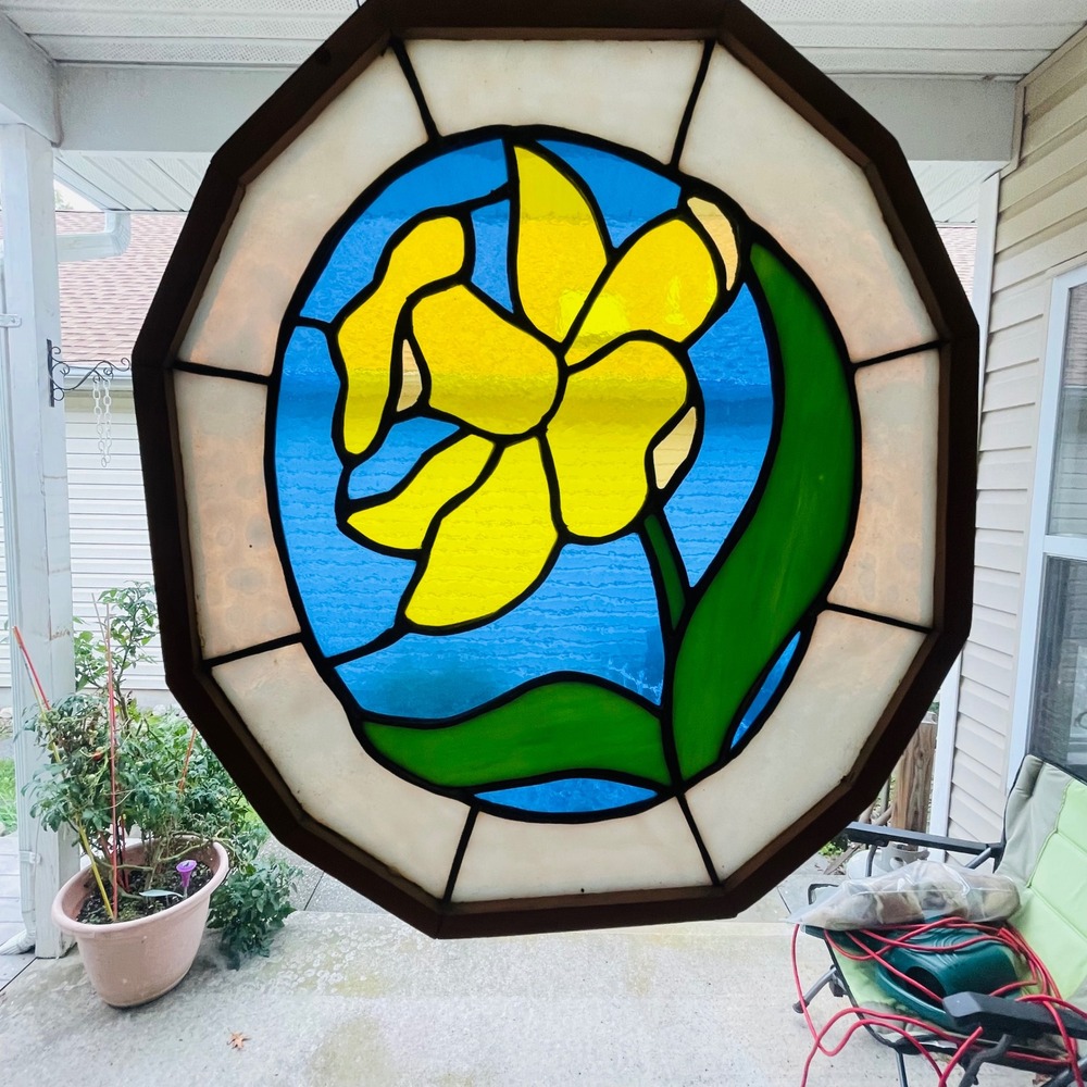 Vintage Stained Glass Daffodil Suncatcher Octagon Wood Frame Yellow Blue Floral